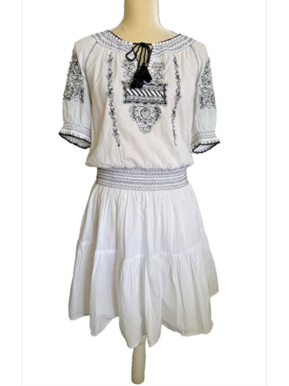 RALPH LAUREN White Black Embroidered Dress Size 4 Peasant Boho Black Label